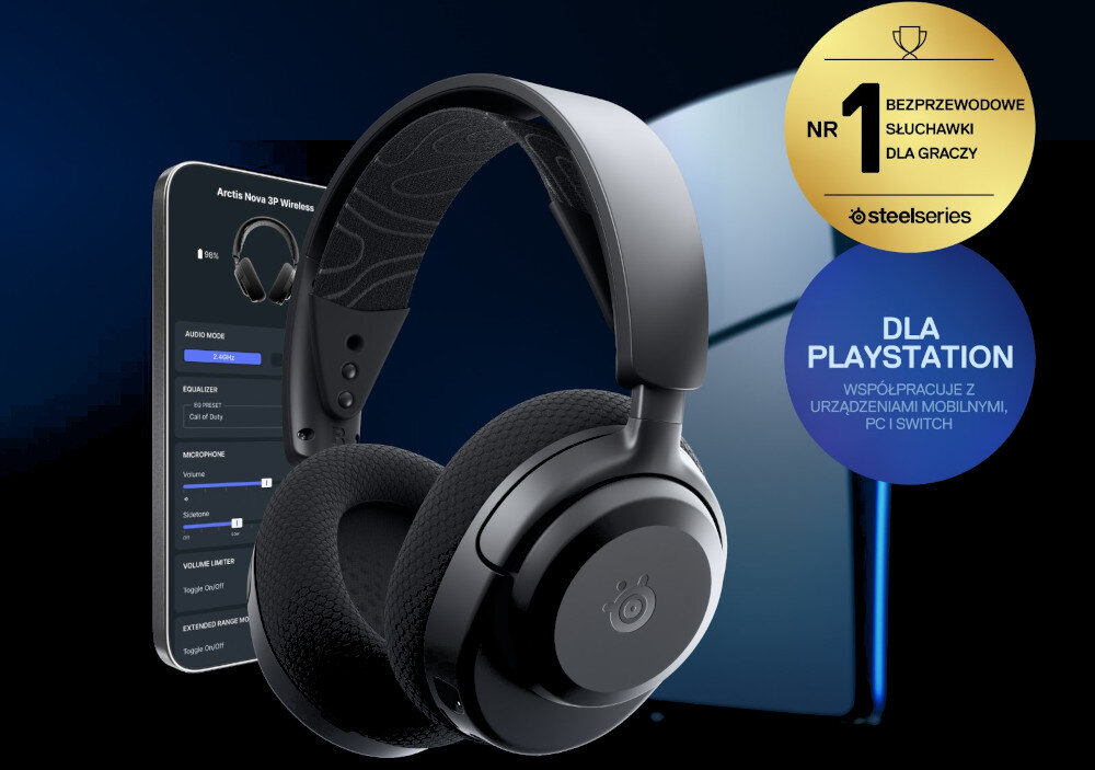 Czarne słuchawki nauszne z logo SteelSeries, obok których widoczny jest smartfon z aplikacją do zarządzania dźwiękiem. Na obrazie znajduje się również złoty medal z napisem \'NR 1 BEZPRZEWODOWE SŁUCHAWKI DLA GRACZY\' oraz niebieski okrąg z napisem \'DLA PLAYSTATION WSPÓŁPRACUJE Z URZĄDZENIAMI MOBILNYMI, PC I SWITCH\'.