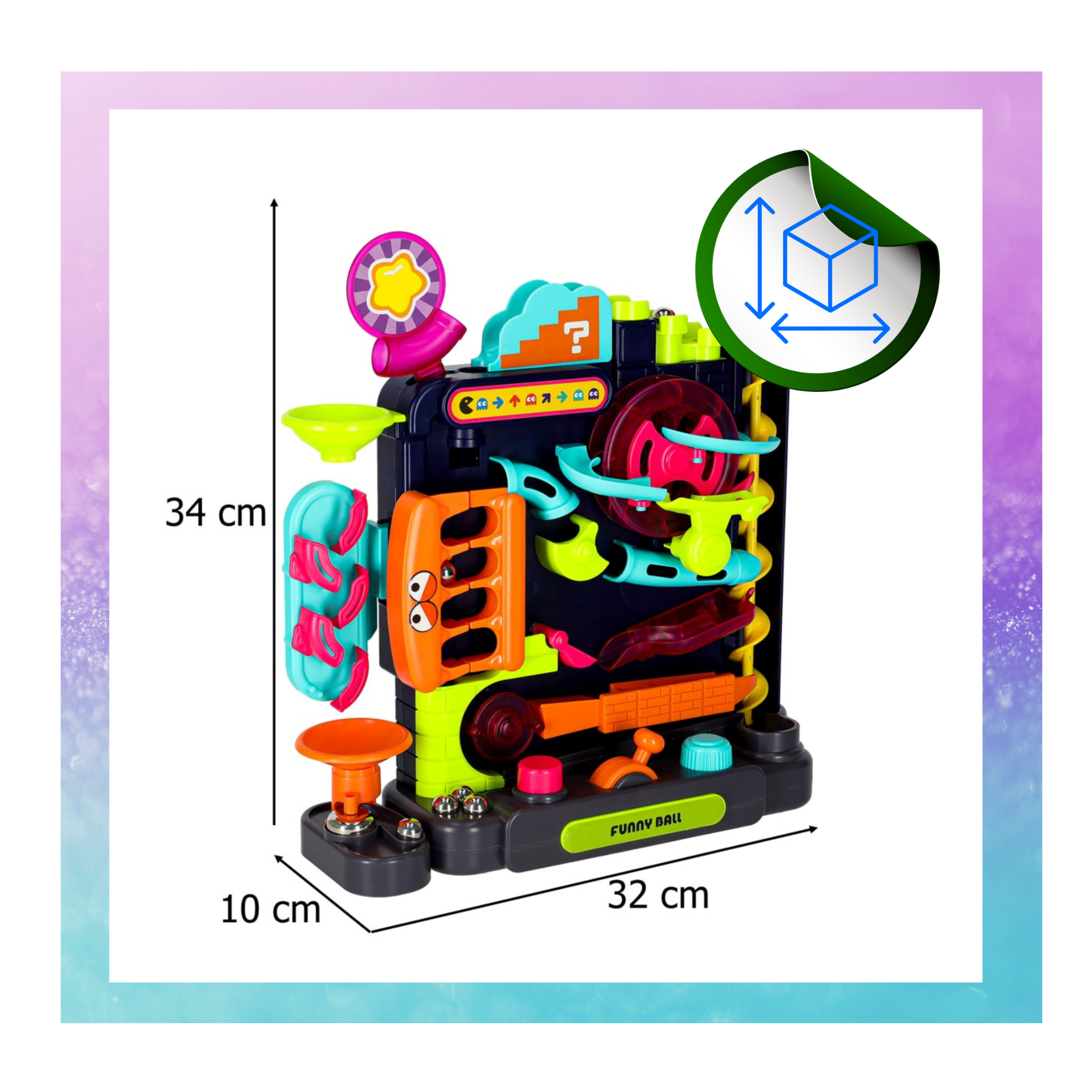 Kolorowy tor kulkowy z przeszkodami, oznaczony wymiarami 34 cm wysokości, 32 cm szerokości i 10 cm głębokości. Na podstawie widnieje napis \'FUNNY BALL\'.