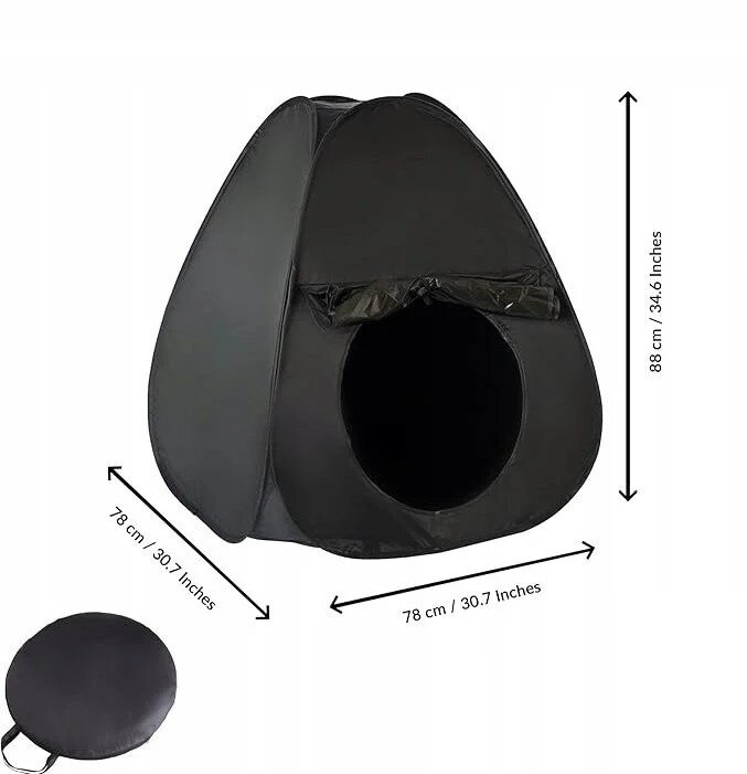 Czarny namiot sensoryczny o wymiarach 78 cm x 78 cm x 88 cm z okrągłym wejściem. Obok namiotu znajduje się złożona wersja produktu w kształcie okrągłej torby.