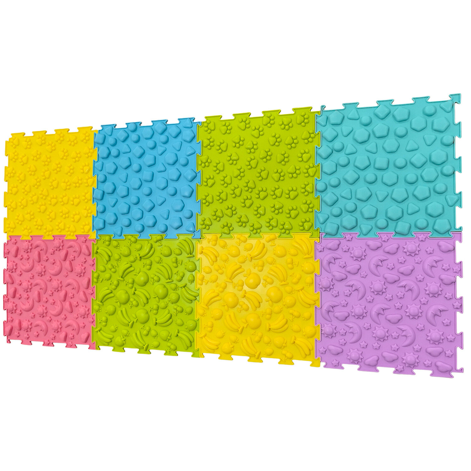 Zestaw ośmiu kolorowych mat ortopedycznych w kształcie puzzli, każda z różnorodną teksturą. Maty są w kolorach żółtym, niebieskim, zielonym, różowym i fioletowym.