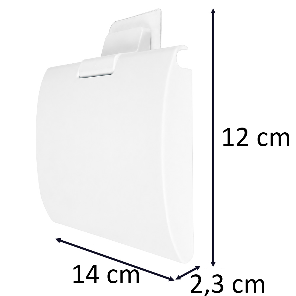 Biały uchwyt na papier toaletowy z osłonką, samoprzylepny, o wymiarach 14 cm szerokości, 12 cm wysokości i 2,3 cm głębokości.