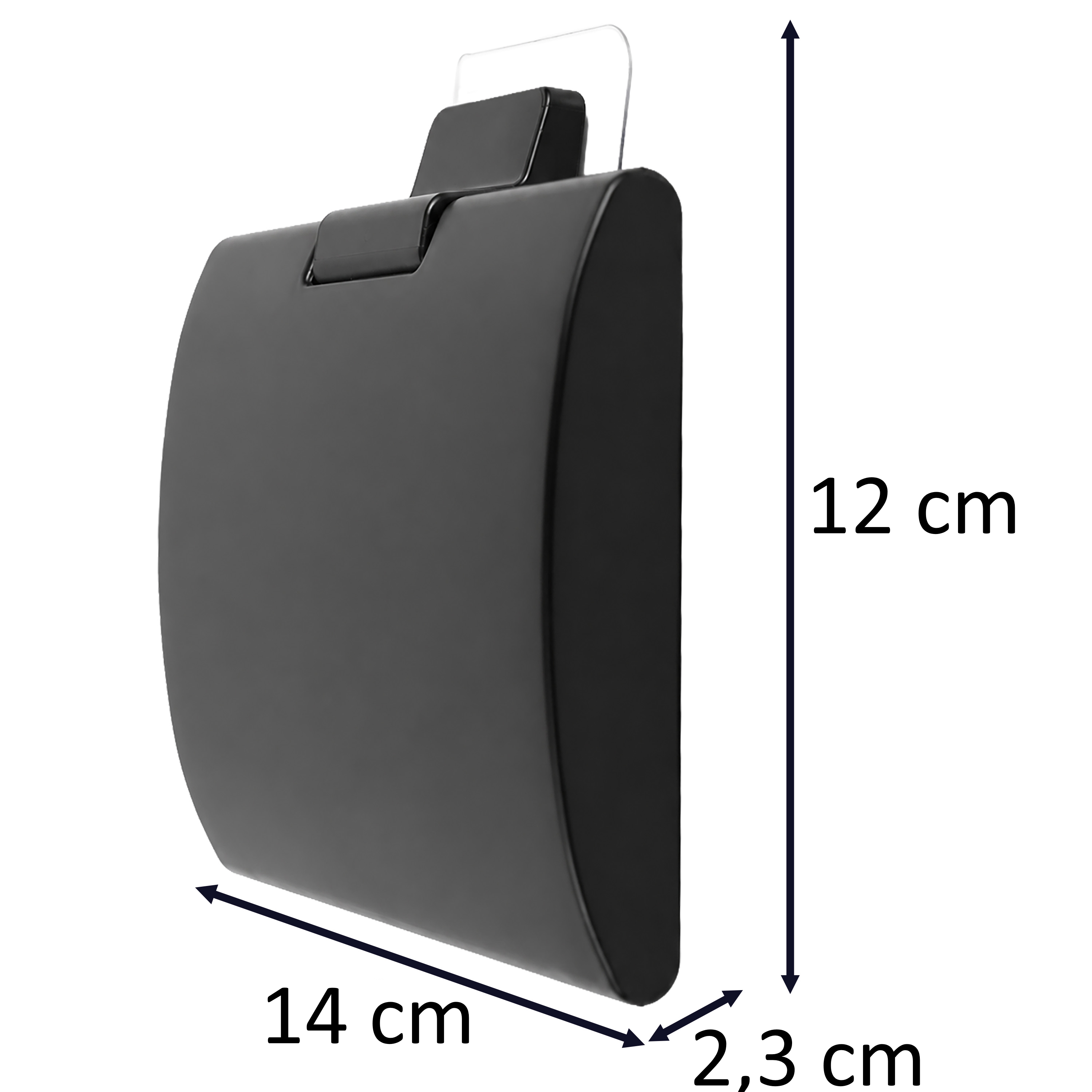 Czarny matowy uchwyt na papier toaletowy z osłonką, o wymiarach 14 cm szerokości, 12 cm wysokości i 2,3 cm głębokości. Uchwyt posiada samoprzylepną powierzchnię montażową.
