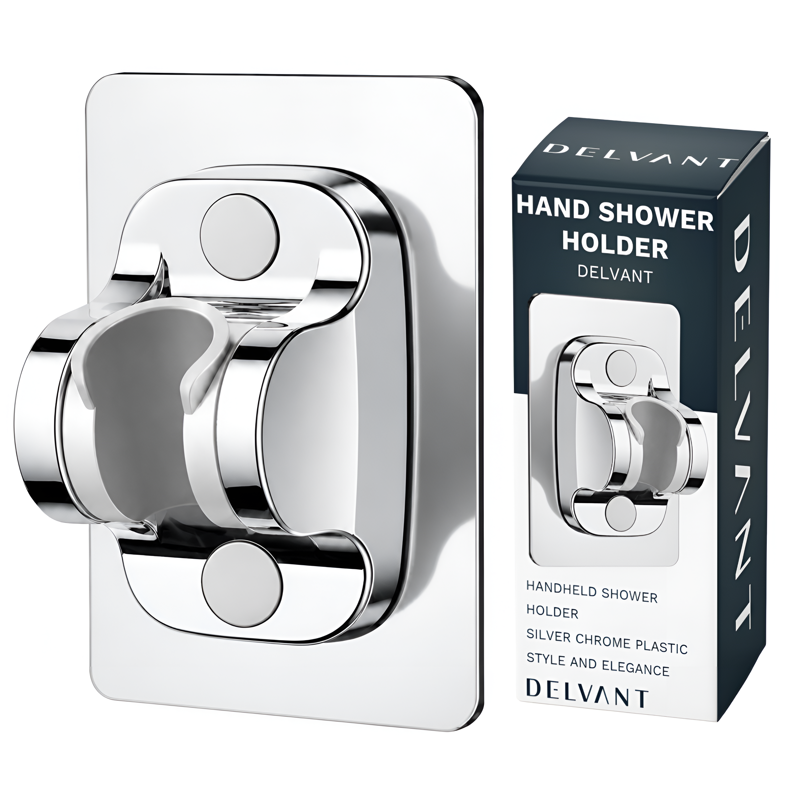 Na obrazie widoczny jest chromowany uchwyt do słuchawki prysznicowej oraz pudełko z napisem \'HAND SHOWER HOLDER DELVANT\'.