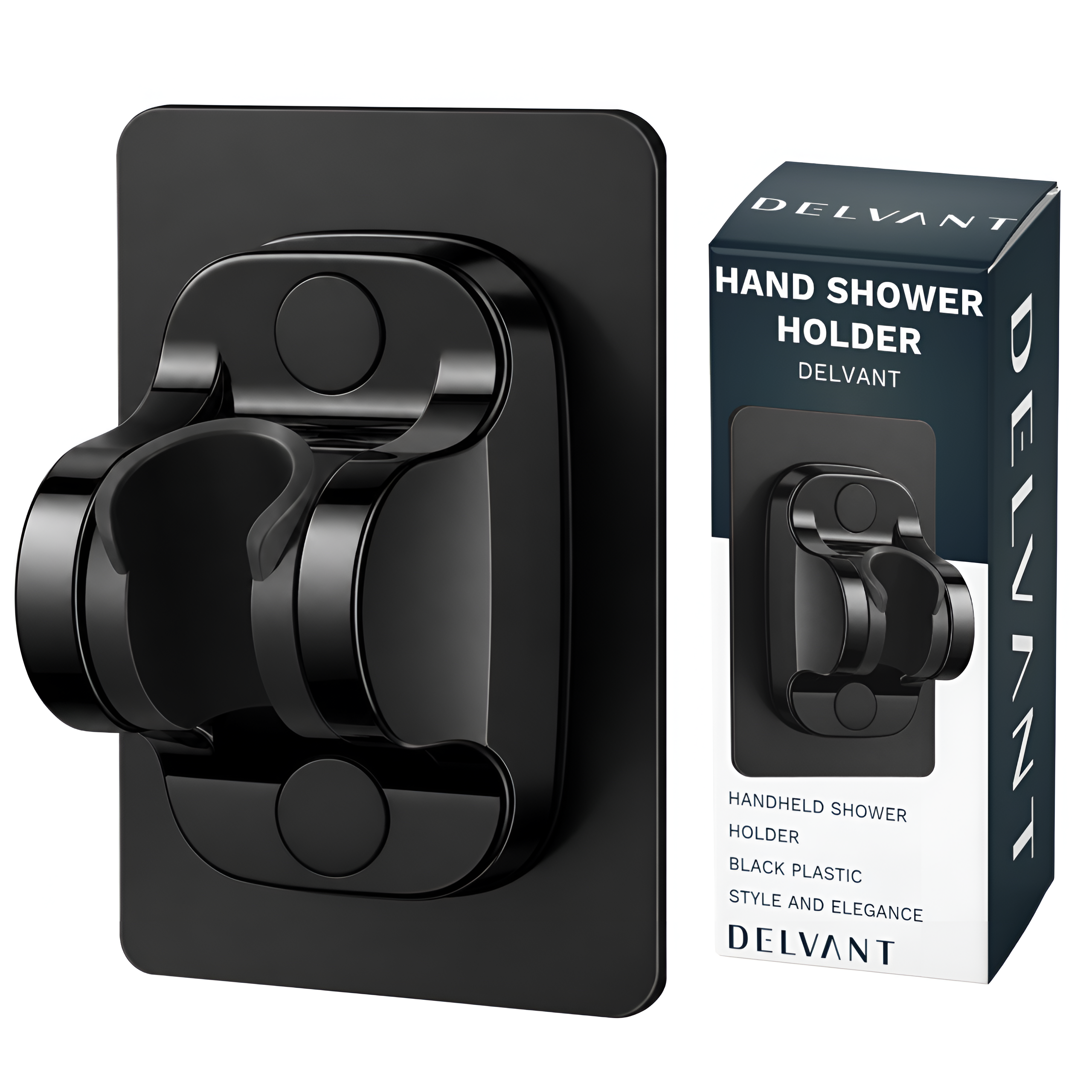 Czarny, plastikowy uchwyt do słuchawki prysznicowej samoprzylepny, przedstawiony obok opakowania z napisem \'HAND SHOWER HOLDER DELVANT\'.