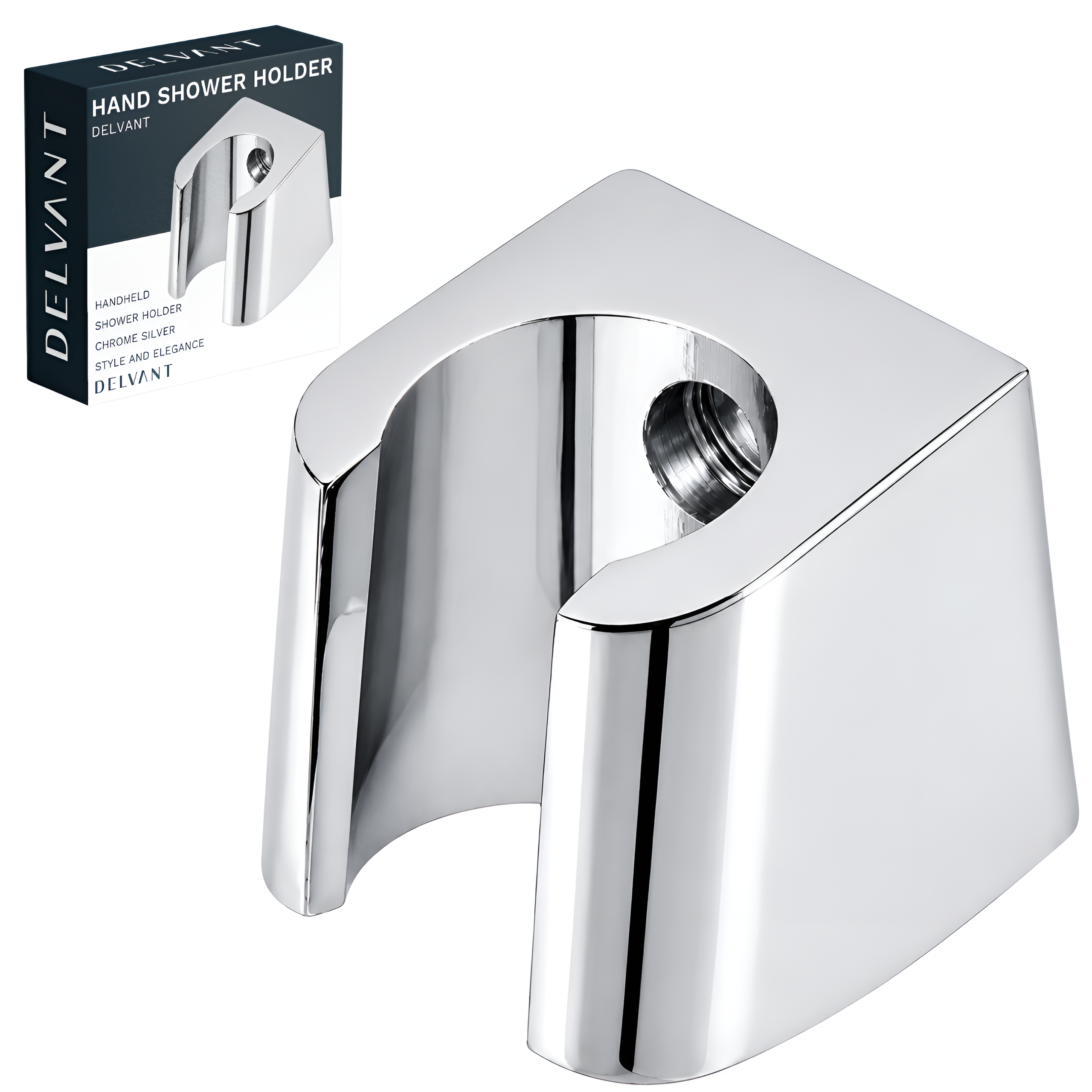 Chromowany uchwyt do słuchawki prysznicowej o nowoczesnym designie. Obok znajduje się opakowanie z napisem: \'HAND SHOWER HOLDER DELVANT\'.