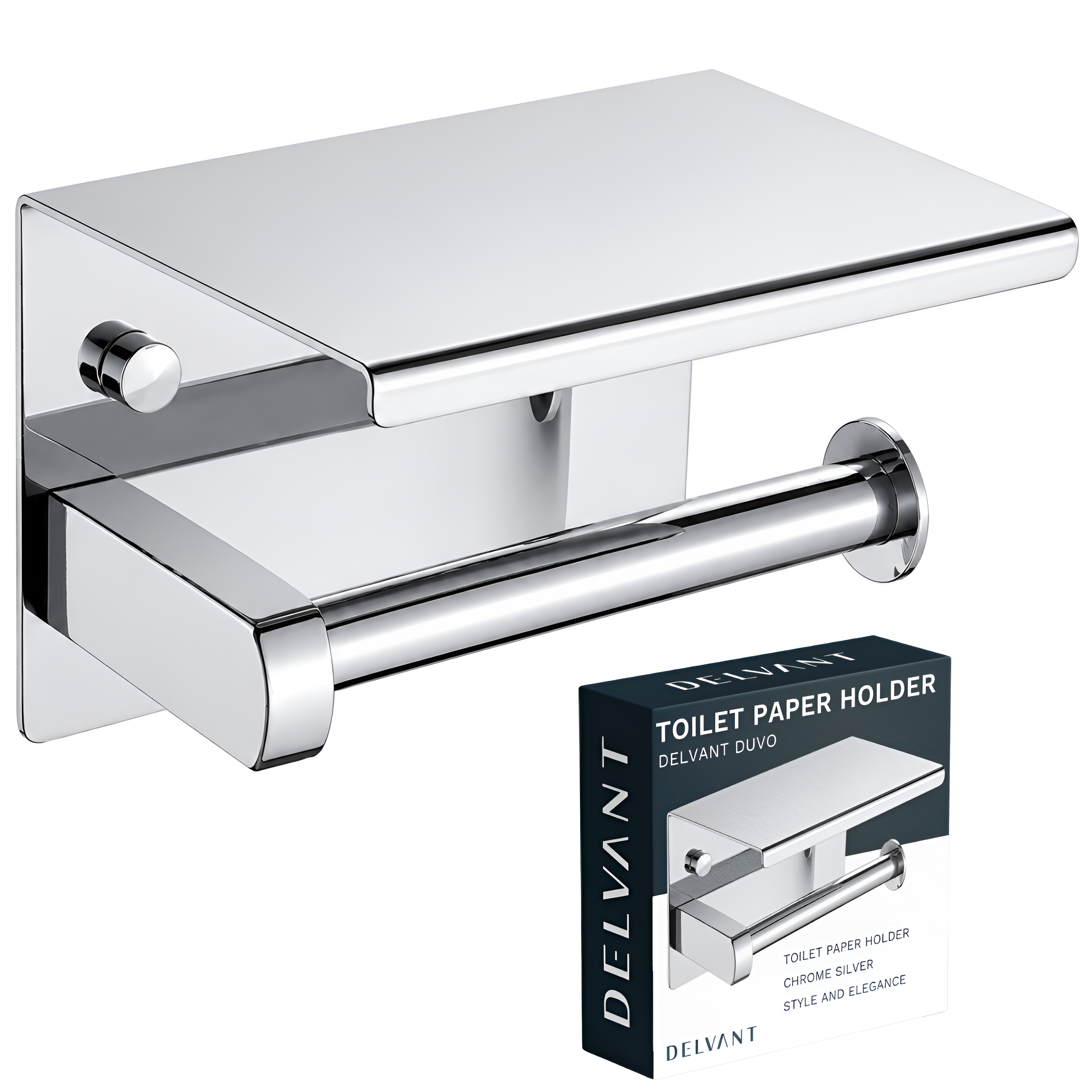 Metalowy uchwyt na papier toaletowy z półką w kolorze chromu. Obok znajduje się pudełko z napisem \'TOILET PAPER HOLDER DELVANT DUVO CHROME SILVER STYLE AND ELEGANCE\'.