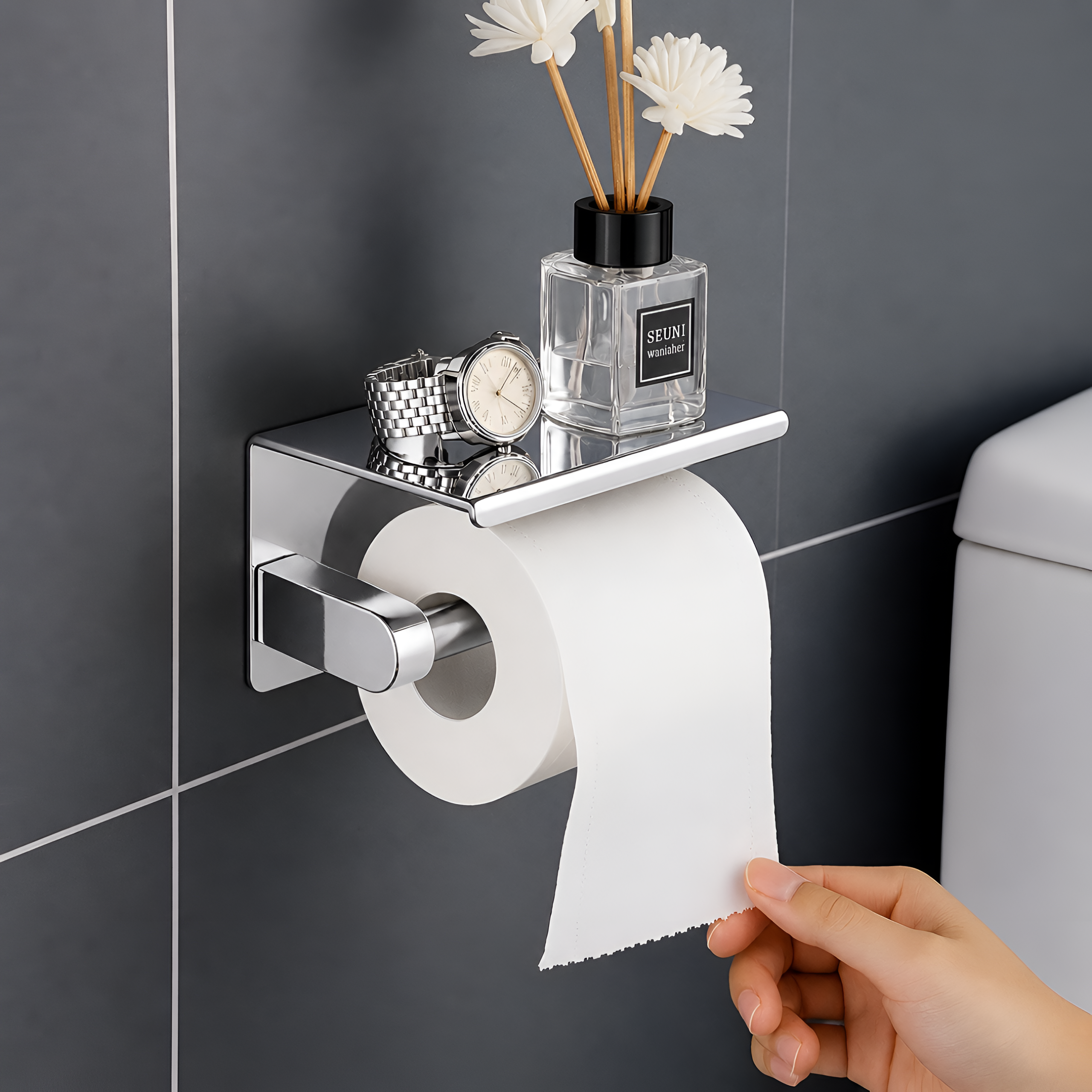 Metalowy uchwyt na papier toaletowy z półką, na której znajdują się zegarek i flakonik z napisem \'SEUNI Whitaker\'. Ręka trzyma koniec rolki papieru toaletowego.