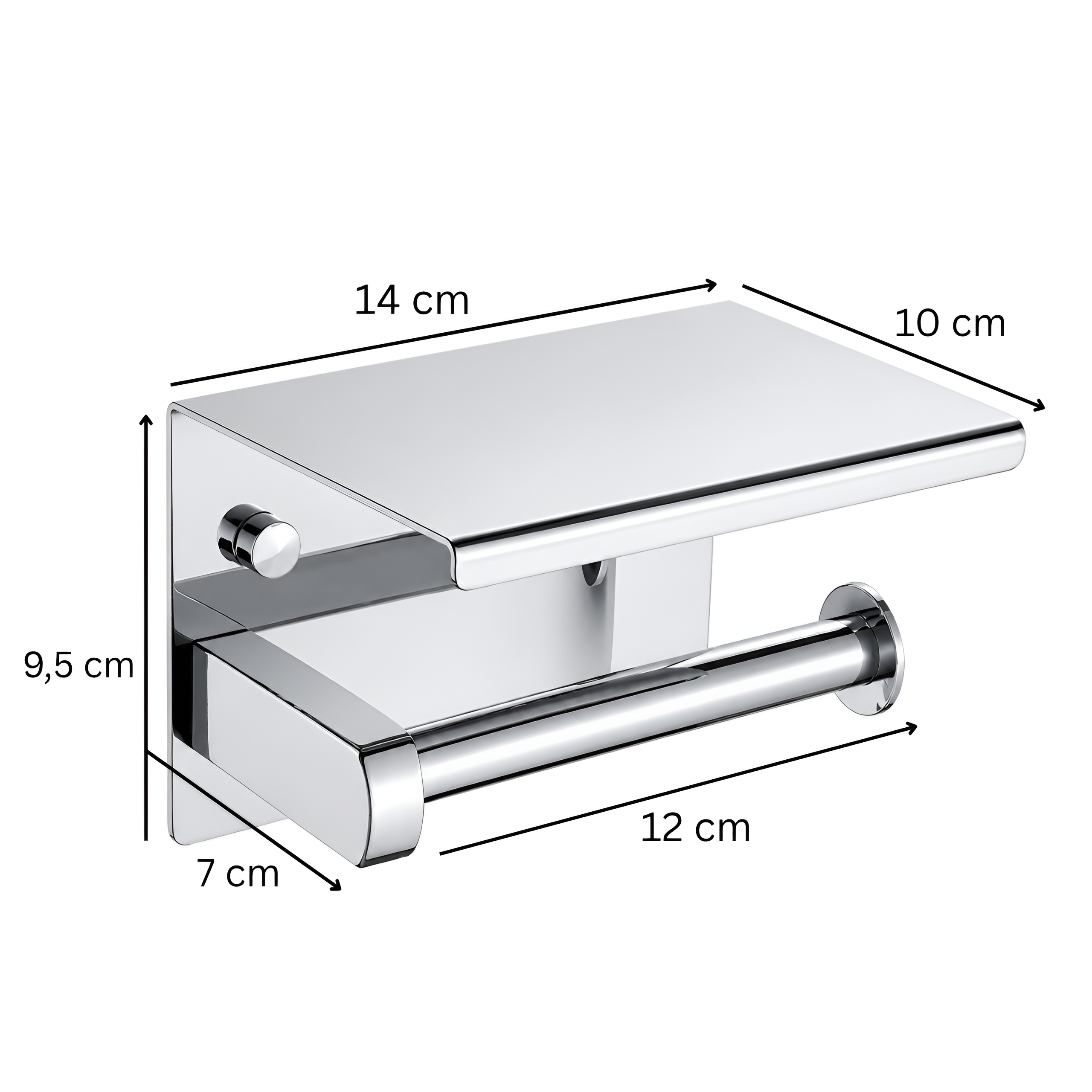 Metalowy uchwyt na papier toaletowy z półką w kolorze chrom, z wymiarami: 14 cm szerokości, 10 cm głębokości, 9,5 cm wysokości i 7 cm głębokości uchwytu na papier, oraz 12 cm długości drążka.