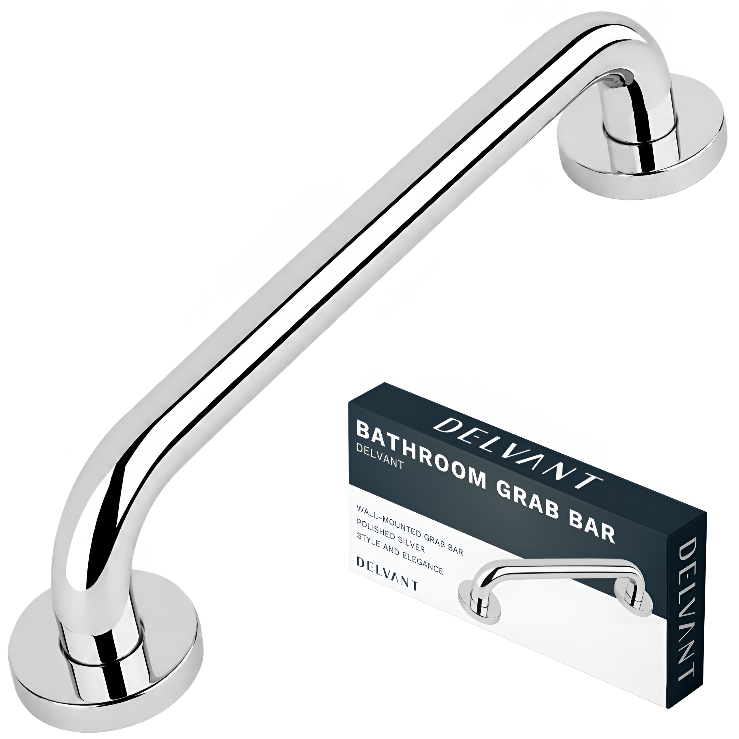 Chromowany uchwyt łazienkowy o prostym kształcie, zamontowany na ścianie. Obok znajduje się pudełko z napisem \'DELVANT BATHROOM GRAB BAR\'.