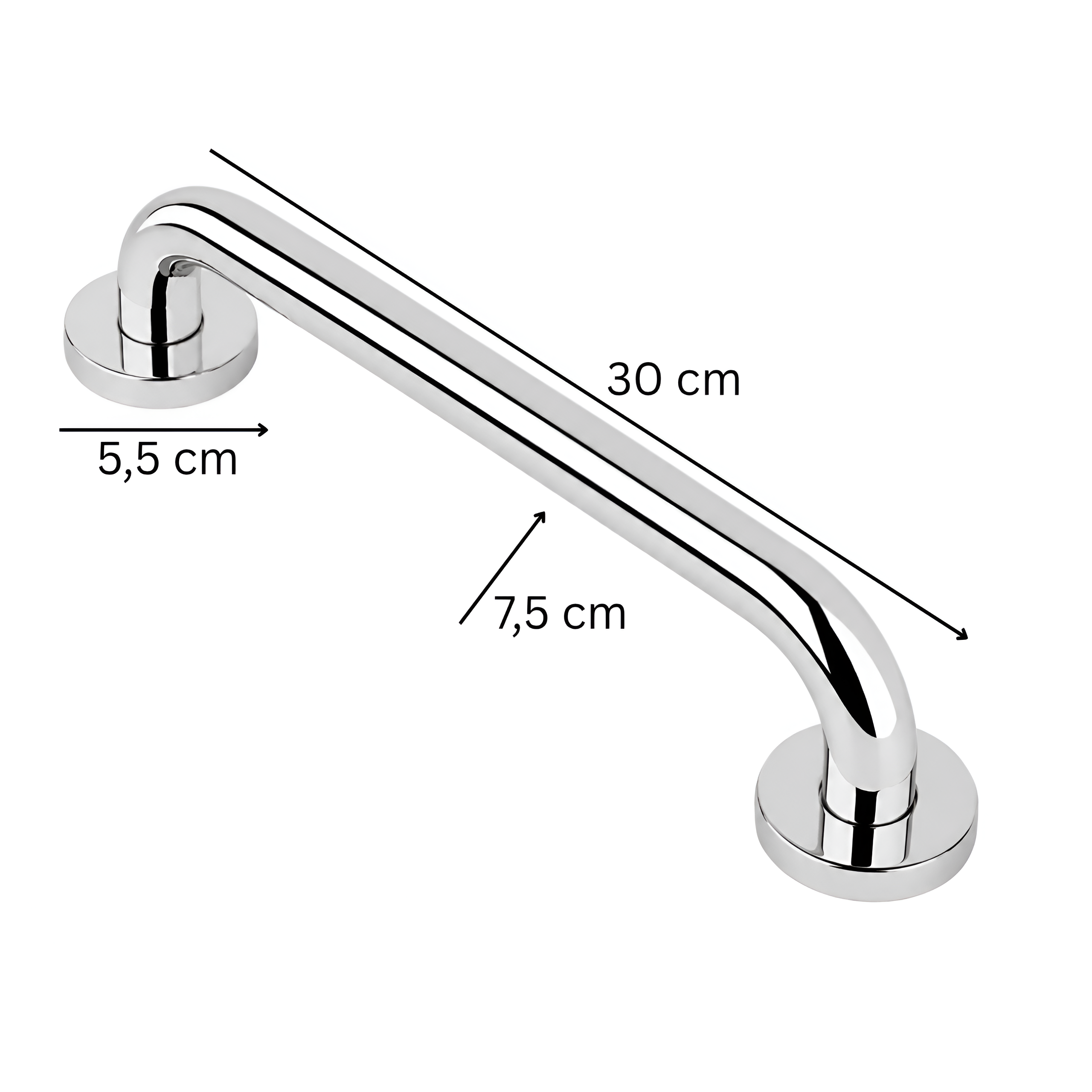Chromowany uchwyt łazienkowy prosty z wymiarami: długość 30 cm, szerokość 5,5 cm, wysokość 7,5 cm.