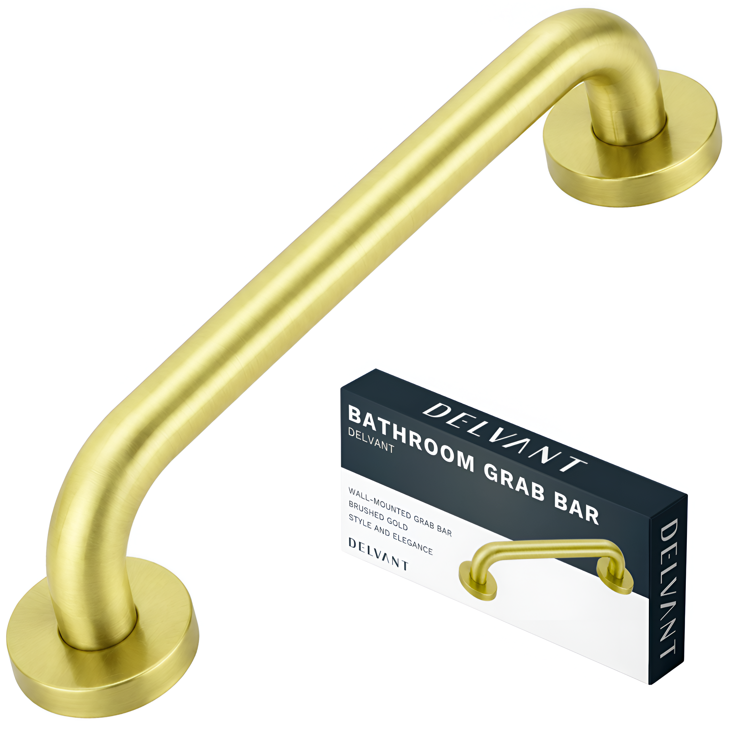 Złoty, szczotkowany uchwyt łazienkowy prosty z okrągłymi mocowaniami. Obok znajduje się pudełko z napisem: \'DELVANT BATHROOM GRAB BAR WALL-MOUNTED GRAB BAR BRUSHED GOLD STYLE AND ELEGANCE DELVANT\'.