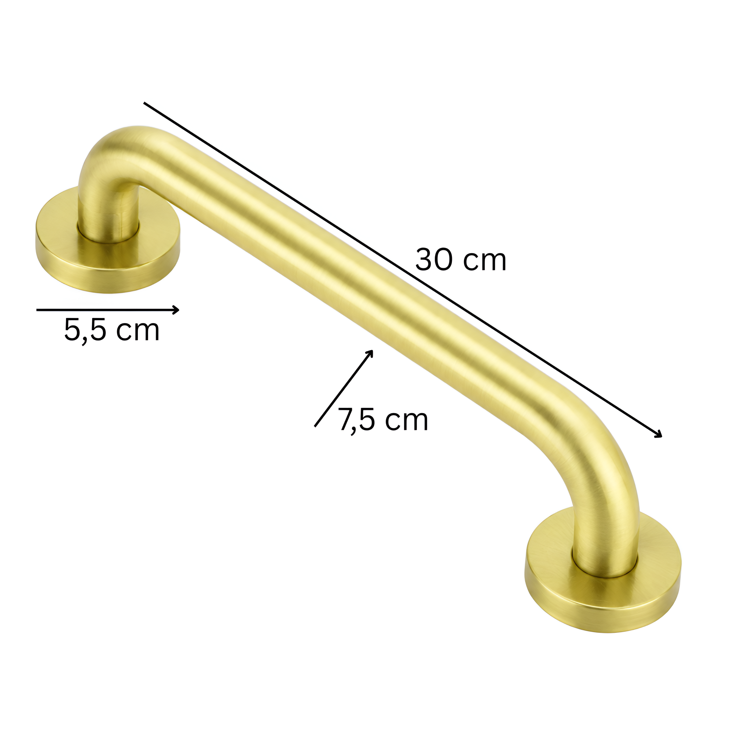 Złoty, szczotkowany uchwyt łazienkowy o długości 30 cm, z oznaczeniami wymiarów: 5,5 cm i 7,5 cm.