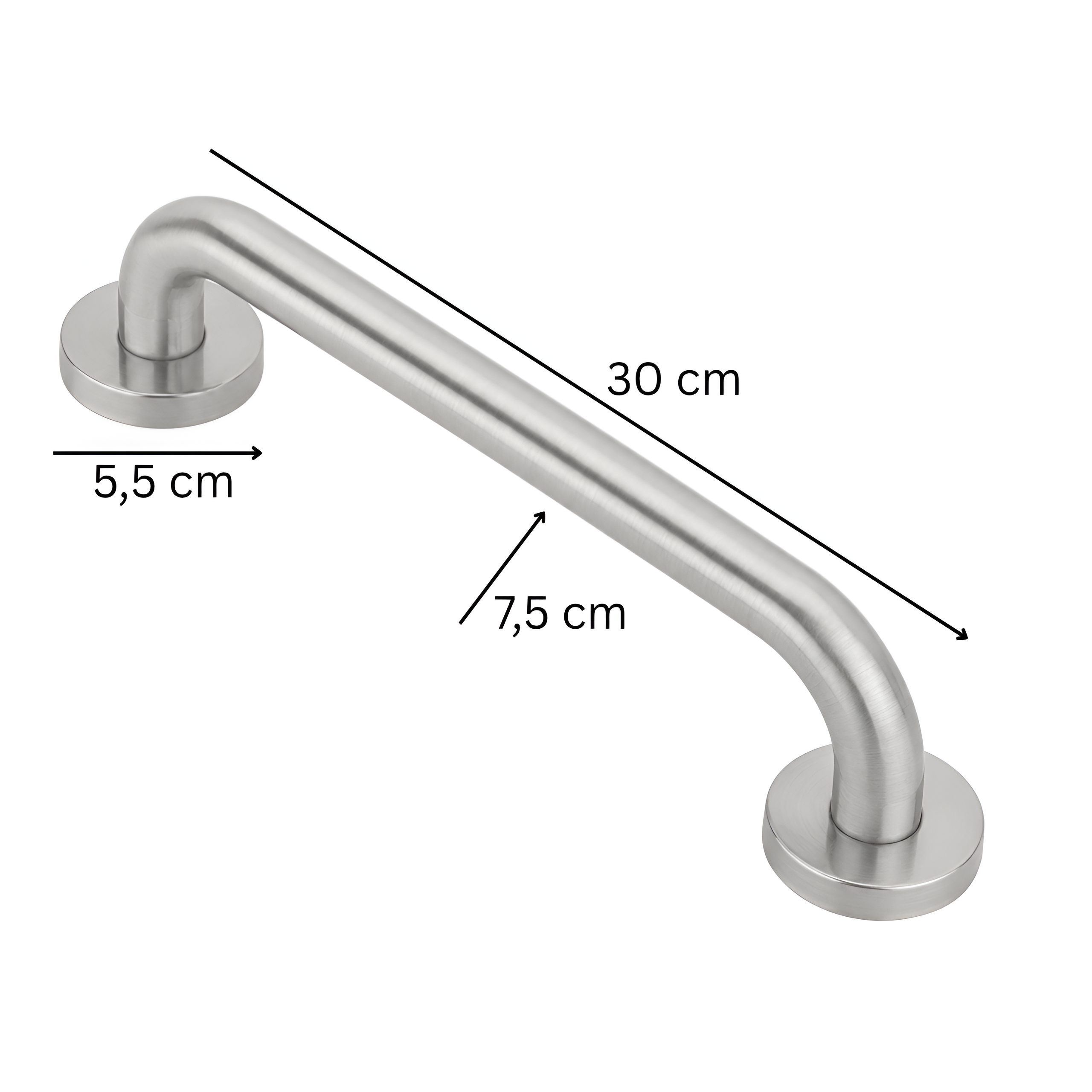 Na obrazie widoczny jest prosty uchwyt łazienkowy w kolorze srebrnym szczotkowanym z wymiarami: długość 30 cm, szerokość 5,5 cm, wysokość 7,5 cm.