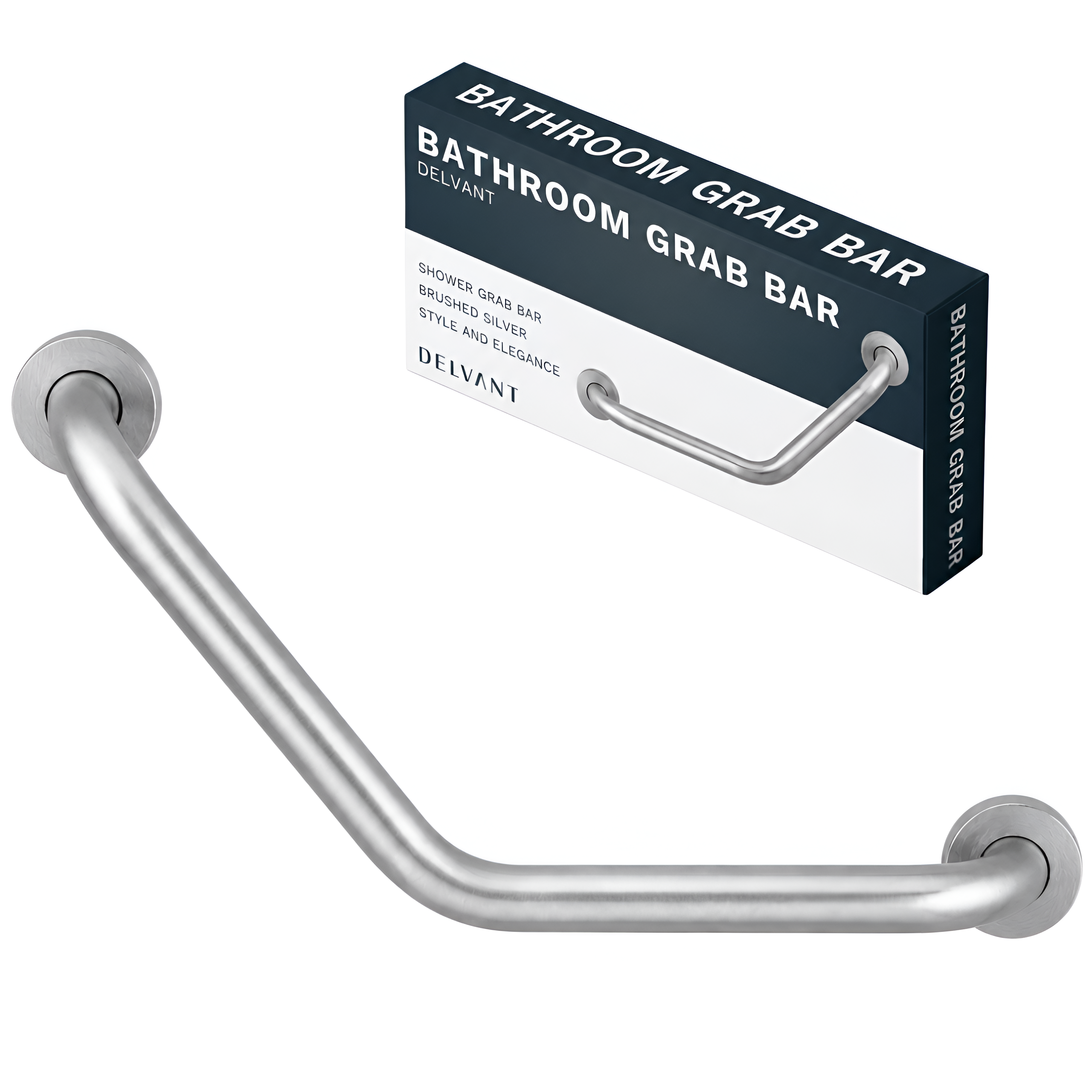 Obraz przedstawia srebrny, szczotkowany uchwyt łazienkowy o zakrzywionym kształcie. W tle widoczne jest opakowanie z napisem: \'BATHROOM GRAB BAR DELVANT SHOWER GRAB BAR BRUSHED SILVER STYLE AND ELEGANCE\'.