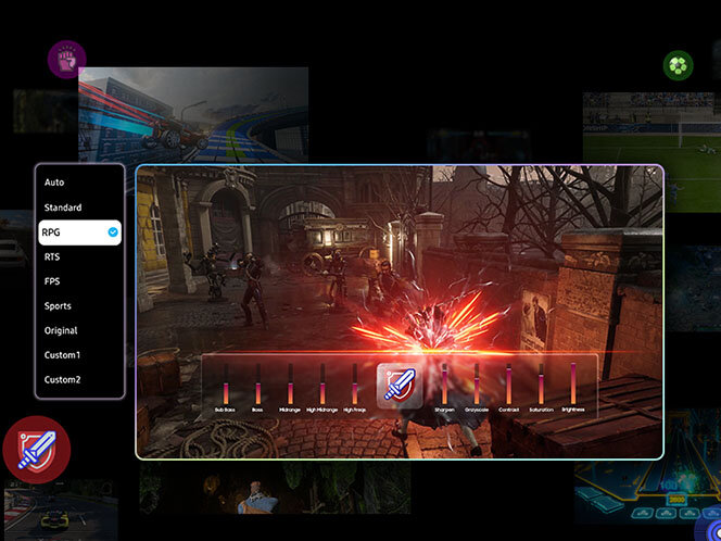 Na ekranie telewizora wyświetlana jest gra w trybie RPG z widocznym menu wyboru trybu po lewej stronie. Na dole ekranu znajduje się pasek z ustawieniami dźwięku i obrazu, z ikoną miecza pośrodku.