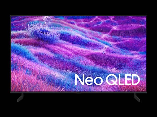 Telewizor z wyświetlaczem prezentującym kolorowy, abstrakcyjny wzór w odcieniach fioletu i niebieskiego. Na ekranie widoczny jest napis \'Neo QLED\'.