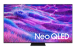 Telewizor z wyświetlaczem pokazującym abstrakcyjny wzór w odcieniach fioletu i niebieskiego. Na ekranie widoczny jest napis \'Neo QLED\'.