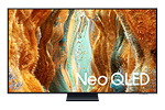 Telewizor z wyświetlaczem prezentującym abstrakcyjny, kolorowy wzór w odcieniach pomarańczowego i niebieskiego. Na ekranie widoczny jest napis \'Neo QLED\'.