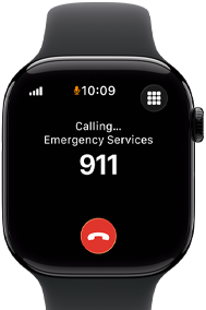 Zegarek z wyświetlaczem pokazującym godzinę 10:09 i tekst \'Calling... Emergency Services 911\'. Widoczna ikona połączenia telefonicznego.