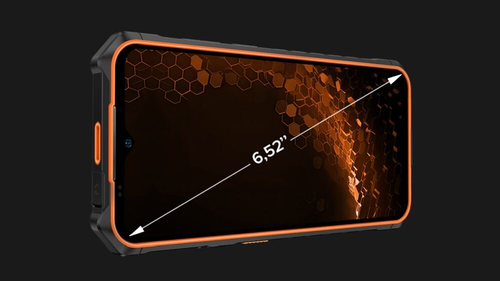 Smartfon z wyświetlaczem o przekątnej 6.52 cala, z pomarańczowymi akcentami na obudowie. Tło ekranu przedstawia wzór heksagonalny w odcieniach pomarańczowego i czarnego.