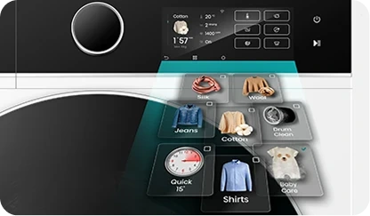 Panel sterowania pralko-suszarki z wyświetlaczem pokazującym różne programy prania, takie jak Cotton, Silk, Wool, Jeans, Drum Clean, Quick 15\', Shirts i Baby Care. Obok wyświetlacza znajdują się przyciski oraz pokrętło do wyboru ustawień.