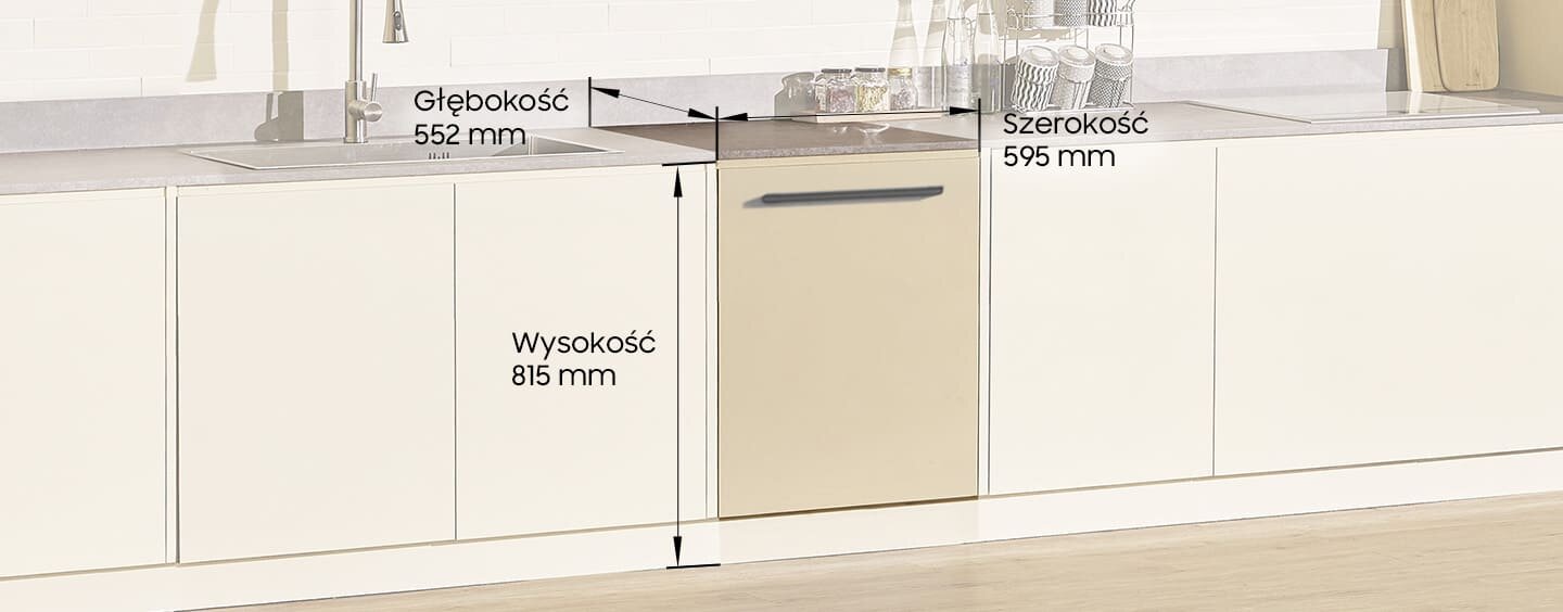 Zmywarka w zabudowie kuchennej z wymiarami: głębokość 552 mm, wysokość 815 mm, szerokość 595 mm. Obok zmywarki znajdują się szafki kuchenne i zlew.