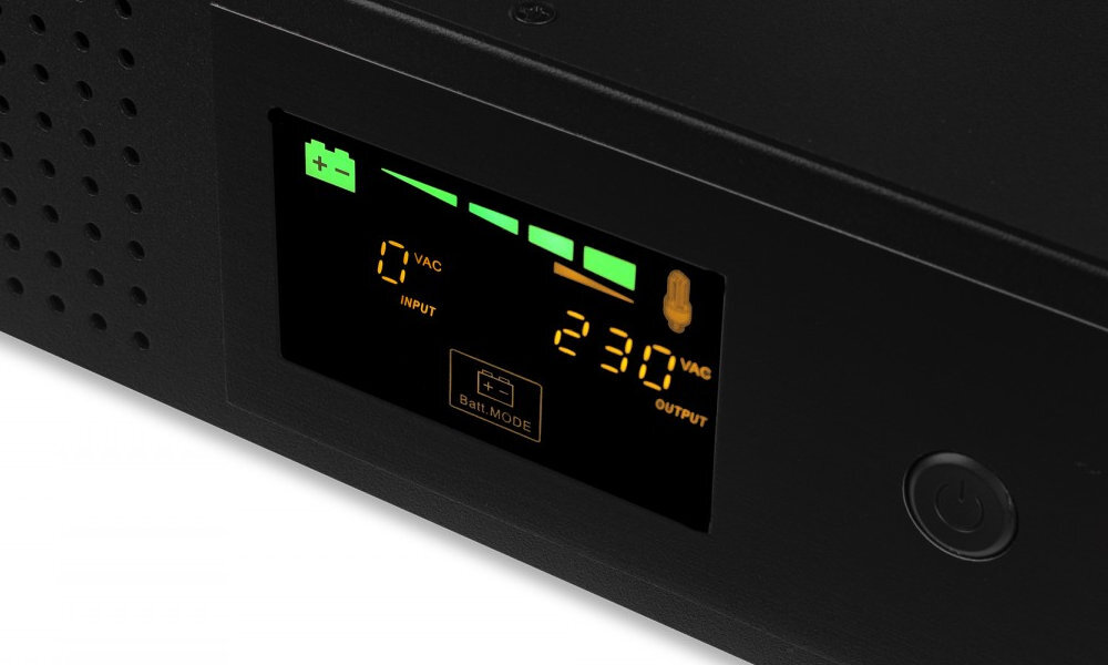 Wyświetlacz urządzenia pokazuje wartości: 0 VAC INPUT i 230 VAC OUTPUT oraz ikonę trybu Batl MODE. Obok znajduje się przycisk zasilania.