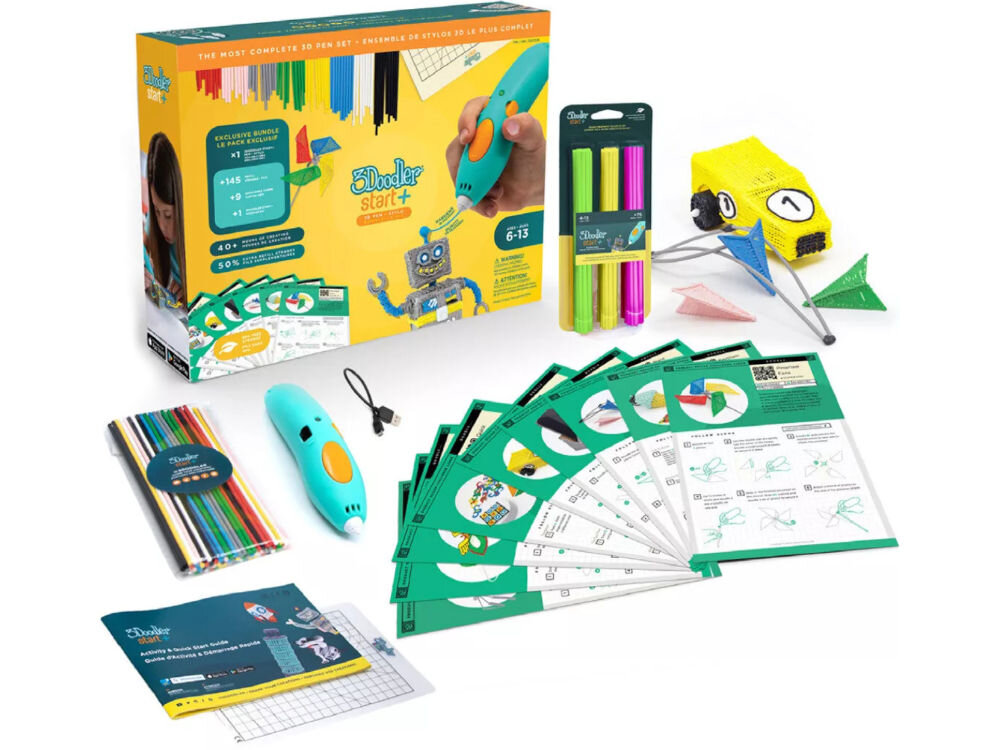 Zestaw 3Doodler Start+ zawiera długopis 3D w kolorze turkusowym, zestaw kolorowych wkładów, instrukcje oraz modele do składania. Opakowanie jest żółte z grafiką robota i napisem \'3Doodler start+\'.