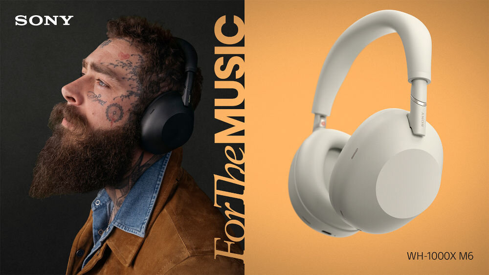 Po lewej stronie mężczyzna z brodą nosi czarne słuchawki nauszne, a obok niego widnieje napis \'For The MUSIC\'. Po prawej stronie znajduje się obraz srebrnych słuchawek nausznych z oznaczeniem \'WH-1000X M6\'.