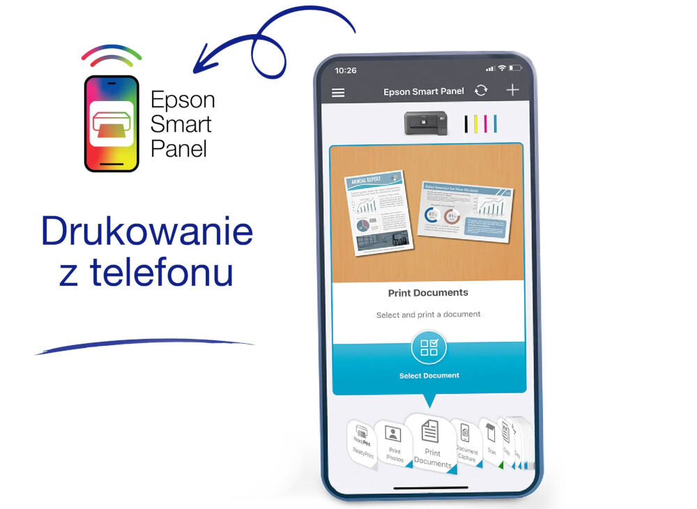 Obraz przedstawia ekran telefonu z aplikacją Epson Smart Panel, na którym widoczne są dokumenty do druku. Obok telefonu znajduje się tekst: \'Drukowanie z telefonu\'.