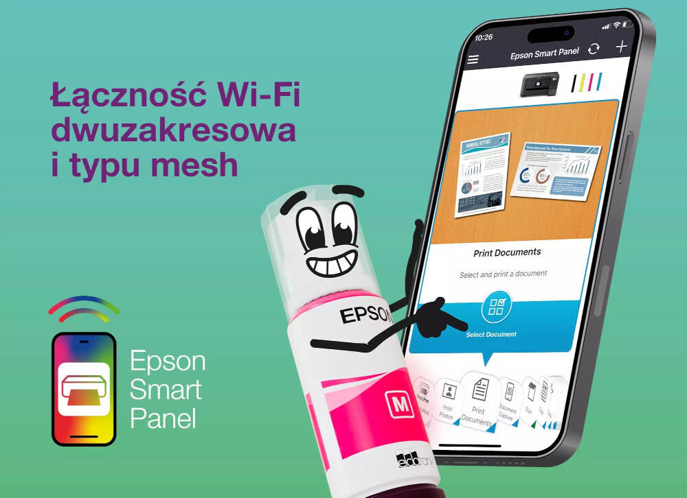 Obraz przedstawia smartfon z aplikacją Epson Smart Panel oraz postać przypominającą tusz z uśmiechem. Na tle widnieje tekst: \'Łączność Wi-Fi dwuzakresowa i typu mesh\'.