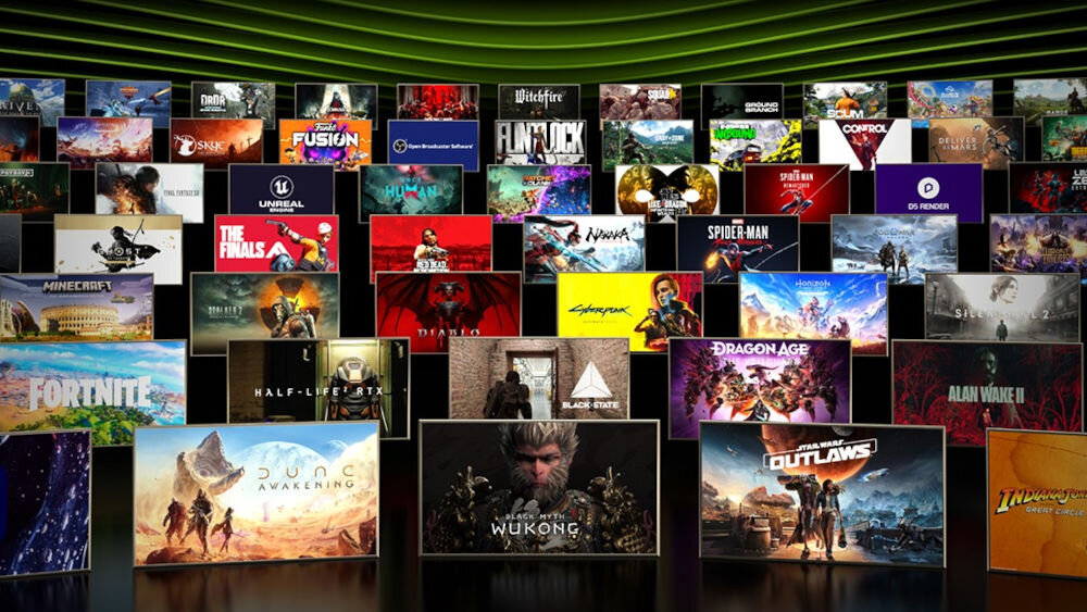 Obraz przedstawia wiele okładek gier komputerowych ułożonych w kilku rzędach. Widoczne tytuły to m.in. \'Cyberpunk 2077\', \'Spider-Man\', \'Dragon Age\', \'Fortnite\', \'Alan Wake II\'.