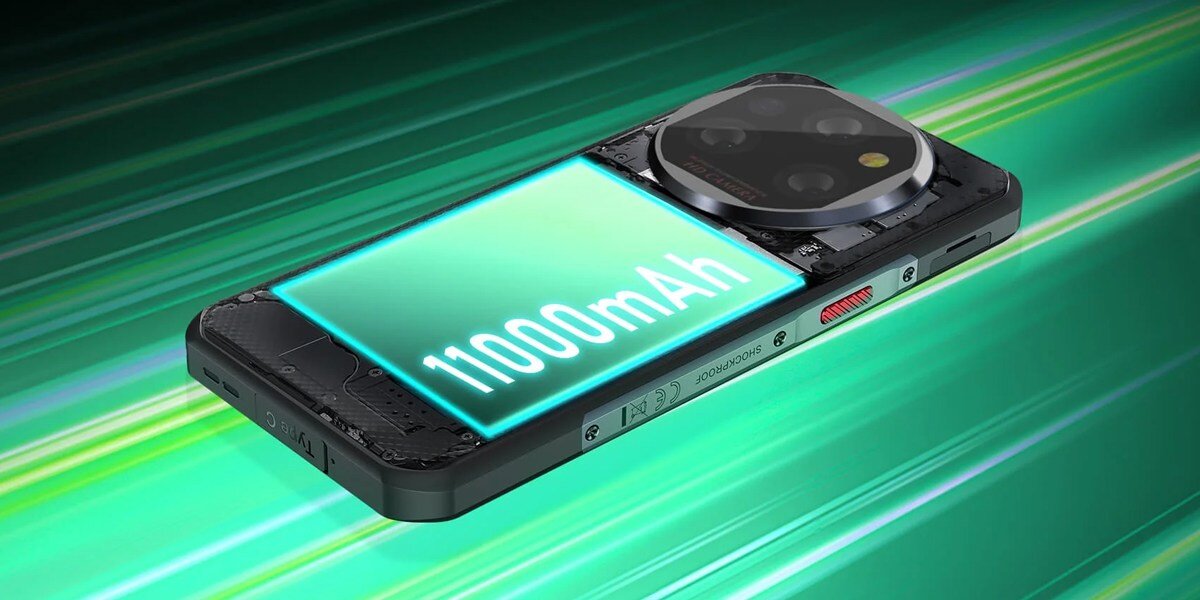 Obraz przedstawia smartfon z dużym napisem \'11000 mAh\' na tle zielonych, dynamicznych linii. Widoczny jest także duży moduł aparatu z kilkoma obiektywami.