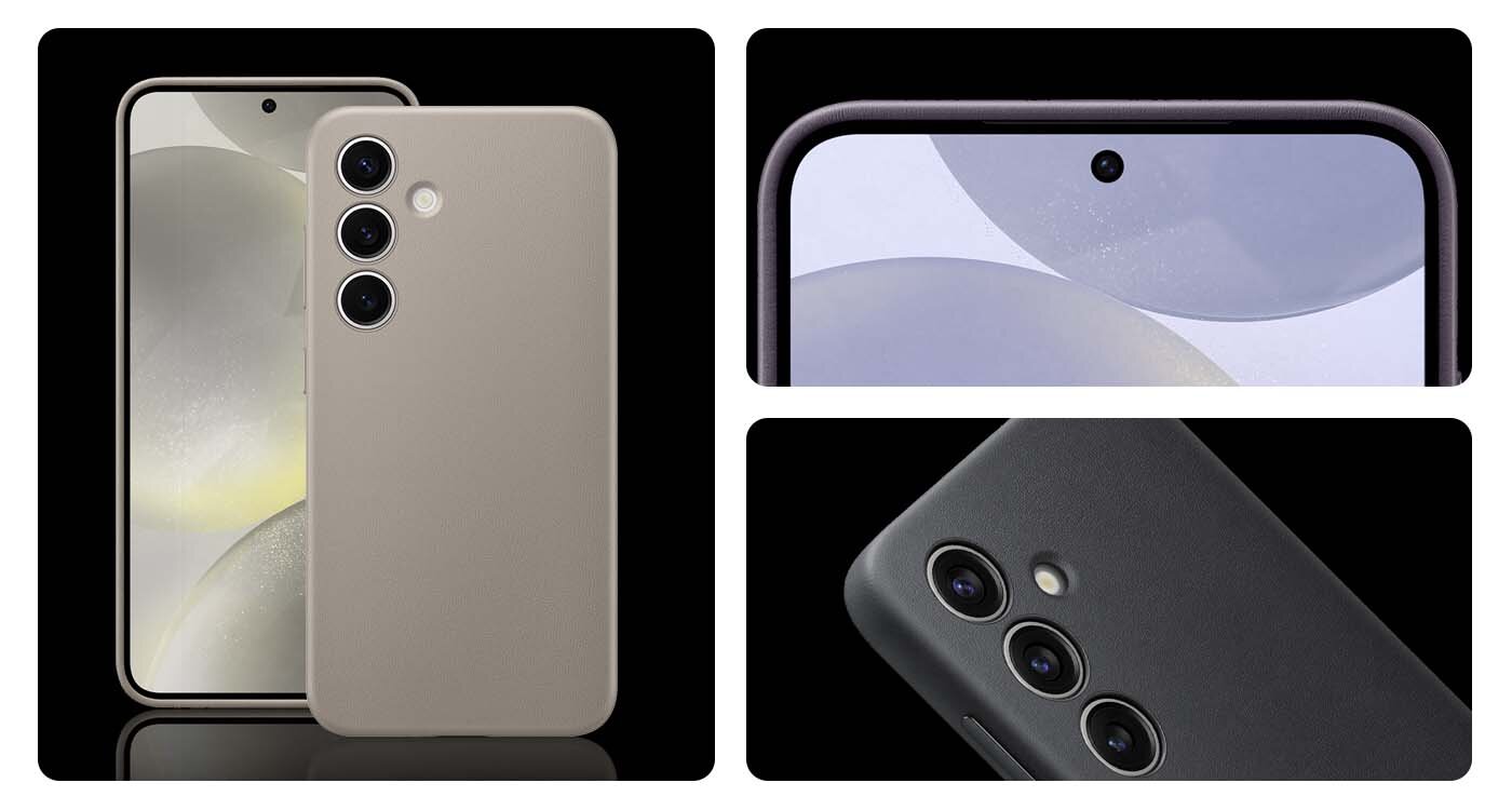 etui ze skóry pochodzenia roślinnego do smartfonów z serii Galaxy S24 Obraz przedstawia ciemnoszare etui na telefon z trzema otworami na aparaty fotograficzne. Obok widoczne są zbliżenia na ekran telefonu oraz detale etui.
