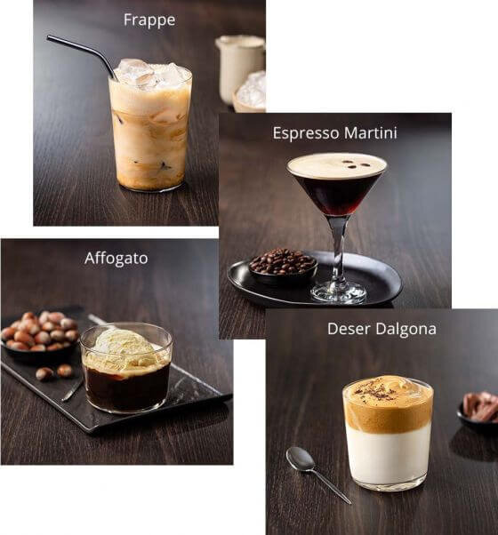 Na obrazie widoczne są cztery różne napoje: Frappe, Espresso Martini, Affogato i Deser Dalgona, każdy z nich podany w szklance na ciemnym tle. Obok Espresso Martini znajduje się talerzyk z ziarnami kawy, a przy Deserze Dalgona leży łyżeczka.