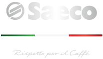 Logo Saeco z napisem \'Rispettare per il Caffè\' poniżej, z paskiem w kolorach zielonym, białym i czerwonym.