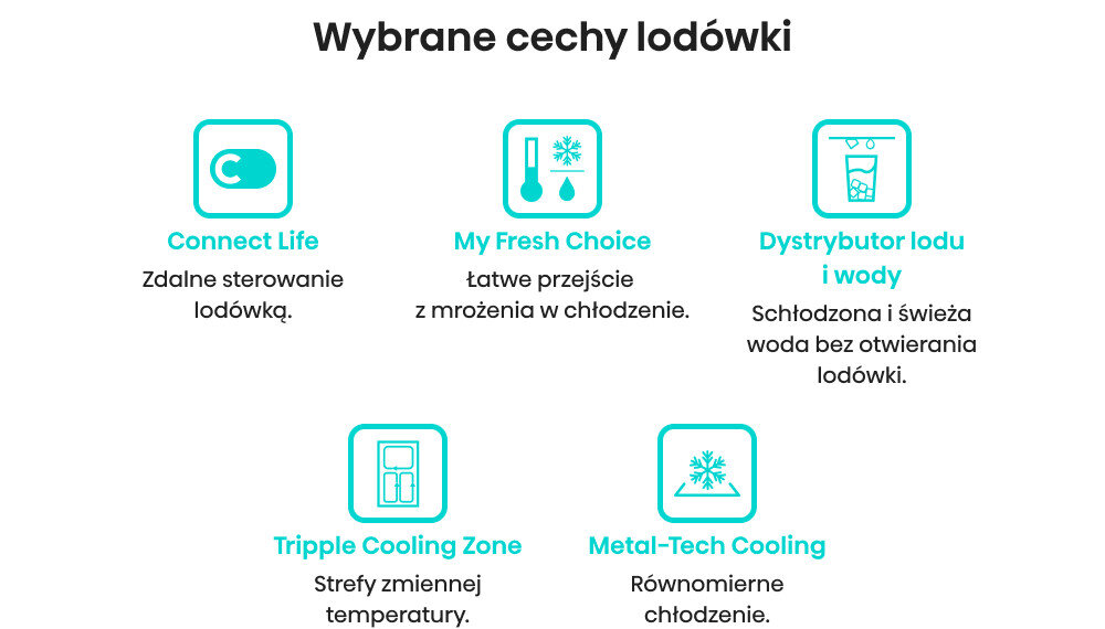 Grafika przedstawia pięć ikon z opisami funkcji lodówki: Connect Life - Zdalne sterowanie lodówką, My Fresh Choice - Łatwe przejście z mrożenia w chłodzenie, Dystrybutor lodu i wody - Schłodzona i świeża woda bez otwierania lodówki, Tripple Cooling Zone - Strefy zmiennej temperatury, Metal-Tech Cooling - Równomierne chłodzenie.
