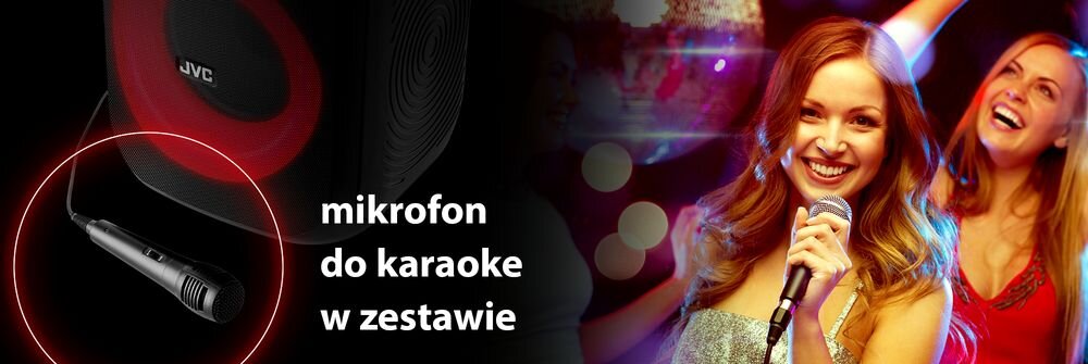 Obraz przedstawia głośnik z logo JVC oraz mikrofon z napisem \'mikrofon do karaoke w zestawie\'. W tle widać dwie osoby śpiewające do mikrofonu.