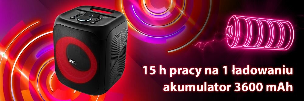 Na obrazie widoczny jest głośnik z efektem świetlnym LED oraz tekst: \'15 h pracy na 1 ładowaniu akumulator 3600 mAh\'.
