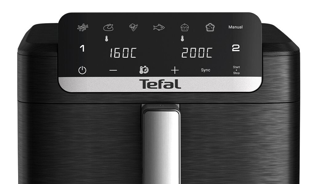 Czarna frytkownica beztłuszczowa z panelem dotykowym, na którym widoczne są ikony potraw, temperatury 160°C i 200°C oraz logo Tefal.