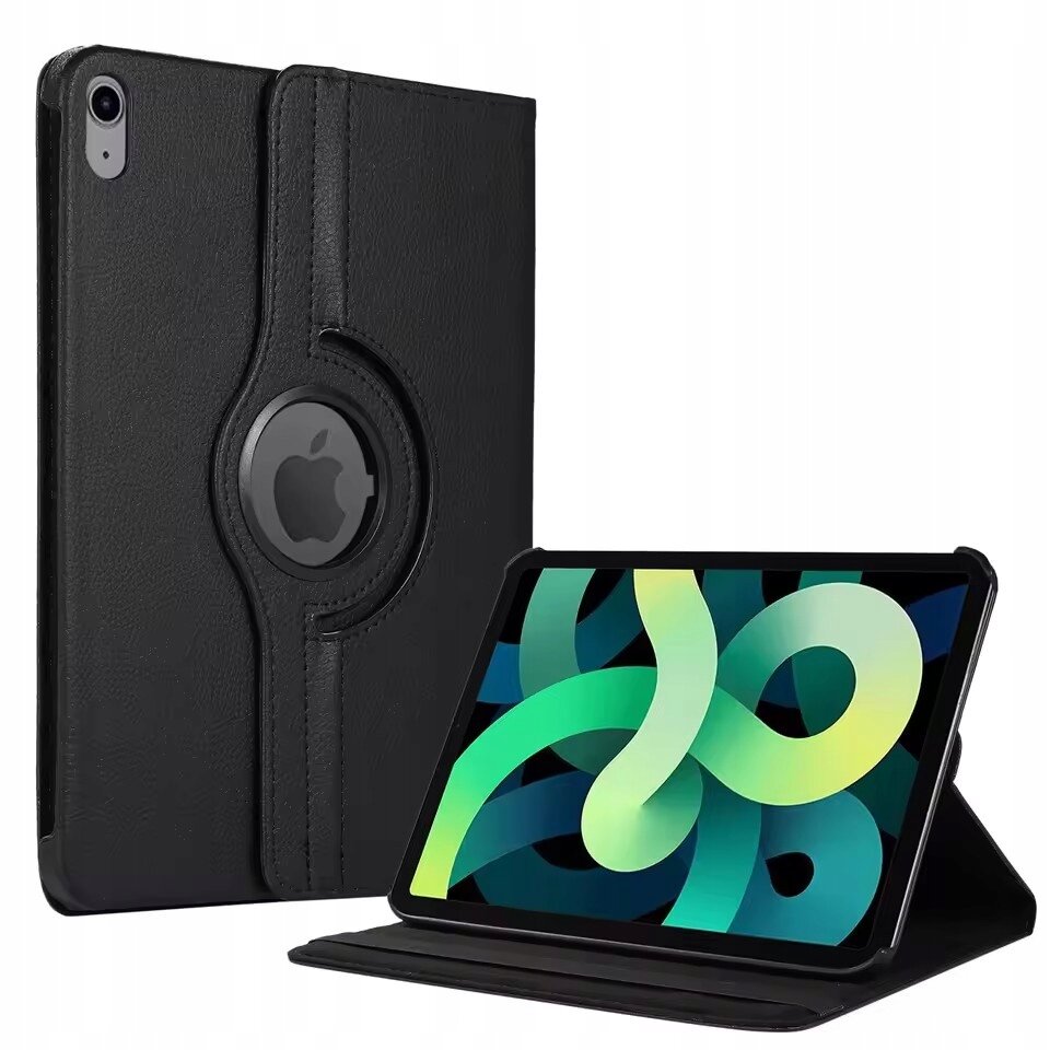 Na obrazie widoczne jest czarne etui do tabletu z logo w kształcie jabłka oraz tablet w pozycji stojącej z kolorowym ekranem. Etui ma funkcję obrotową 360 stopni.
