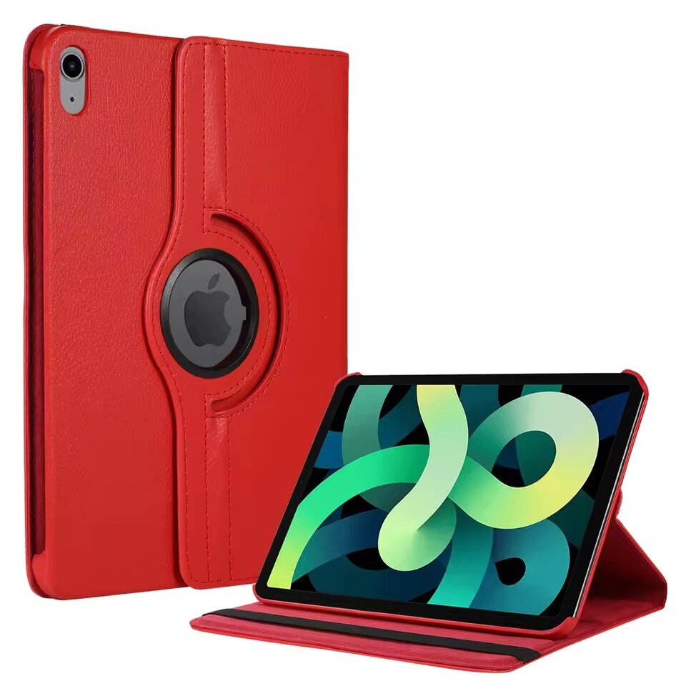 Czerwone etui na tablet z funkcją obrotu 360 stopni, z widocznym logo w kształcie jabłka. Tablet w etui wyświetla kolorowy wzór na ekranie.