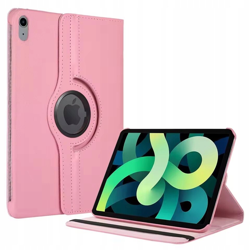 Różowe etui do tabletu z funkcją obrotu 360 stopni, z widocznym logo w kształcie jabłka. Obok etui znajduje się tablet z kolorowym, abstrakcyjnym wzorem na ekranie.
