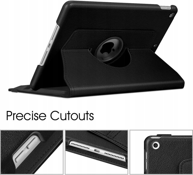 Czarne etui do tabletu z funkcją obrotu 360 stopni, widoczne precyzyjne wycięcia na przyciski i porty. Na obrazie znajduje się tekst: \'Precise Cutouts\'.