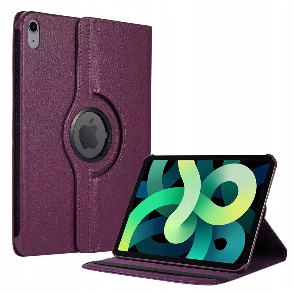 Obraz przedstawia fioletowe etui do tabletu z funkcją obrotu 360 stopni, z widocznym logo w kształcie jabłka. Obok etui znajduje się tablet z kolorowym ekranem.