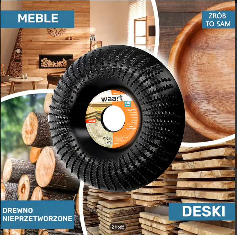 Na obrazie widoczna jest czarna tarcza szlifierska z logo \'wa:rt\' i oznaczeniami \'125 mm\' oraz \'Ø 22.2 mm\'. W tle znajdują się zdjęcia wnętrza z drewnianymi elementami, stosu drewna i desek, z napisami \'MEBLE\', \'ZRÓB TO SAM\', \'DREWNO NIEPRZETWORZONE\' i \'DESKI\'.