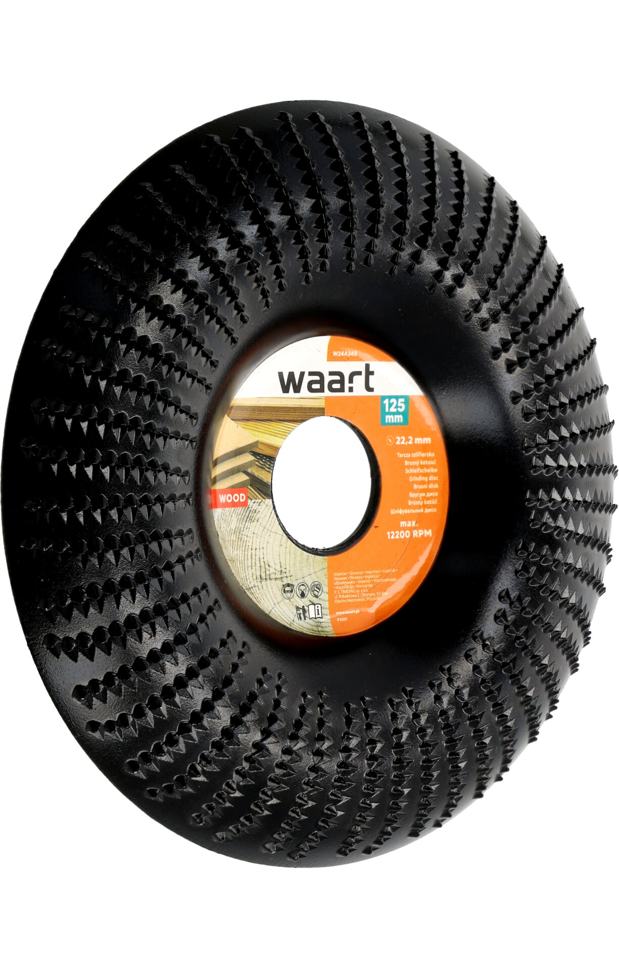 Czarna tarcza szlifierska z ostrzami, z centralnym otworem i etykietą z napisem \'waart\' oraz informacjami technicznymi, takimi jak \'125 mm\', \'22.2 mm\', \'max 12200 RPM\'.