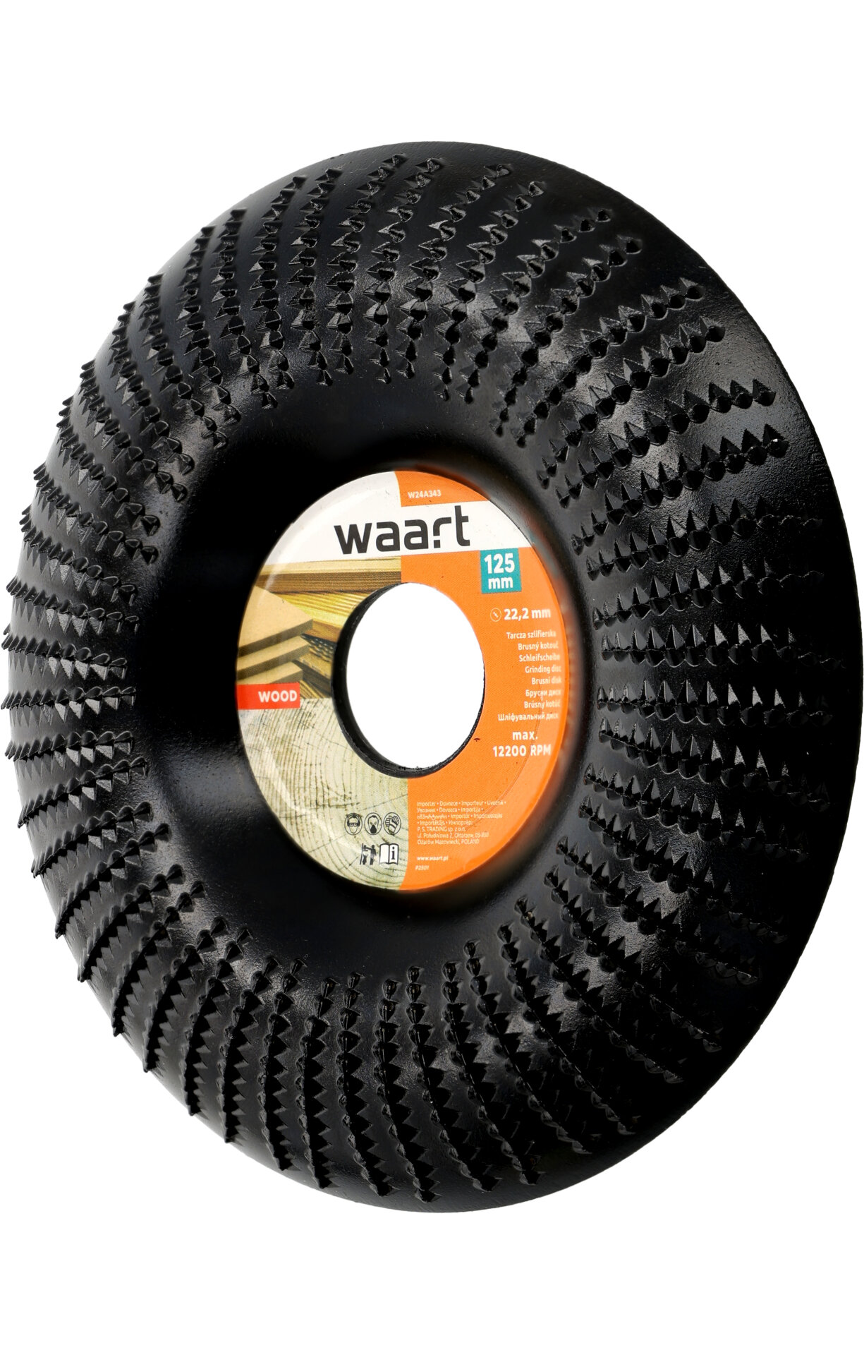 Czarna tarcza szlifierska z ostrymi zębami, z centralnym otworem i etykietą z napisem \'waart 125 mm\'. Etykieta zawiera dodatkowe informacje techniczne, takie jak \'22.2 mm\' i \'12300 RPM\'.
