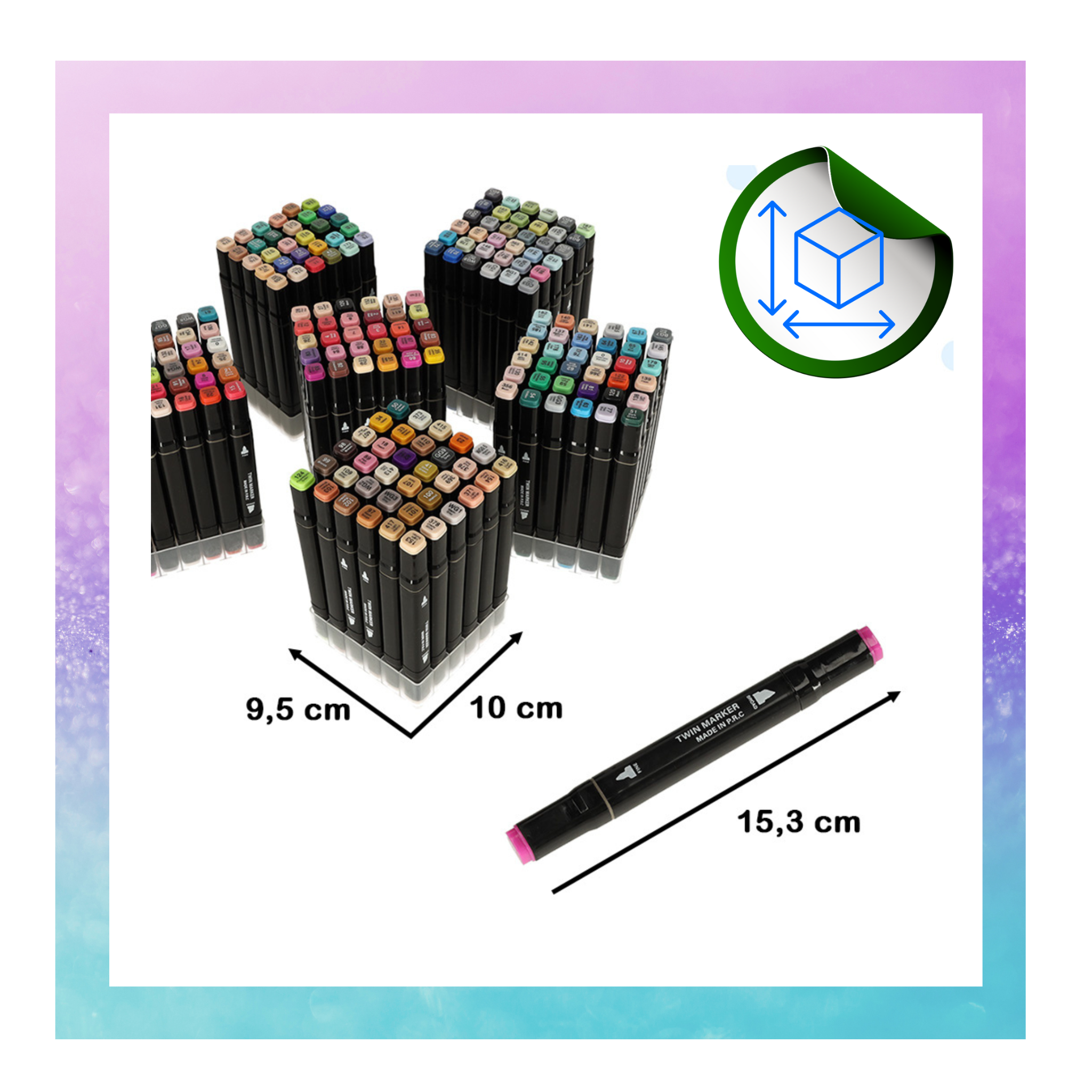 Na obrazie widoczne są zestawy kolorowych markerów dwustronnych ułożonych w grupy, z wymiarami 9,5 cm na 10 cm. Obok znajduje się pojedynczy marker z wymiarem 15,3 cm, a w prawym górnym rogu widnieje ikona z wymiarami sześcianu.