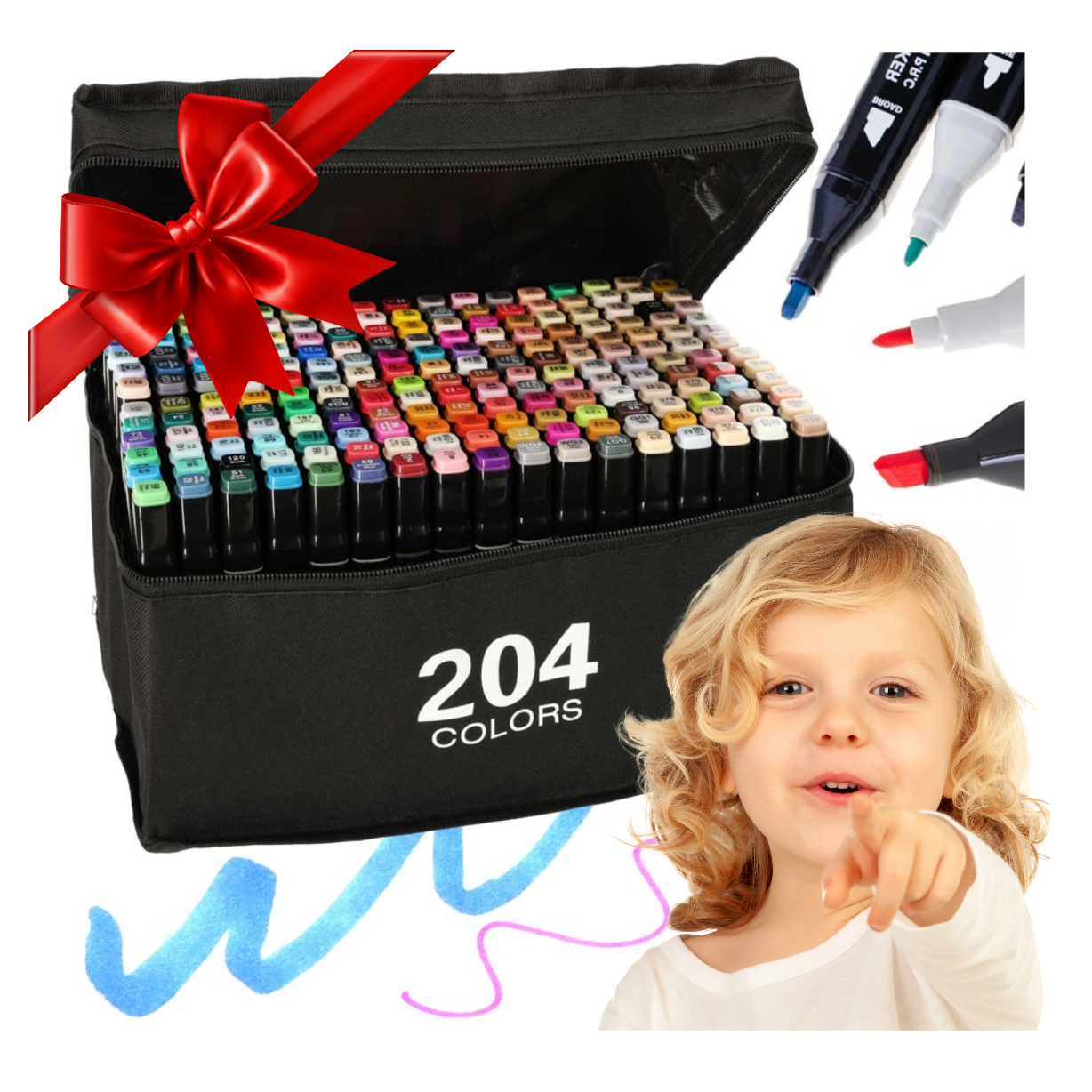 Czarny futerał z napisem \'204 COLORS\' zawiera zestaw kolorowych markerów. Obok widoczna jest postać dziecka oraz kilka markerów z kolorowymi końcówkami.